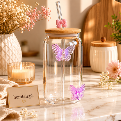 Butterfly Ice Tea Glass with Bamboo Lid & Straw