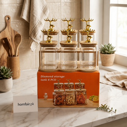 Premium 6-Piece Glass Storage Jar Set with Gold Deer Lid & Bamboo Stand