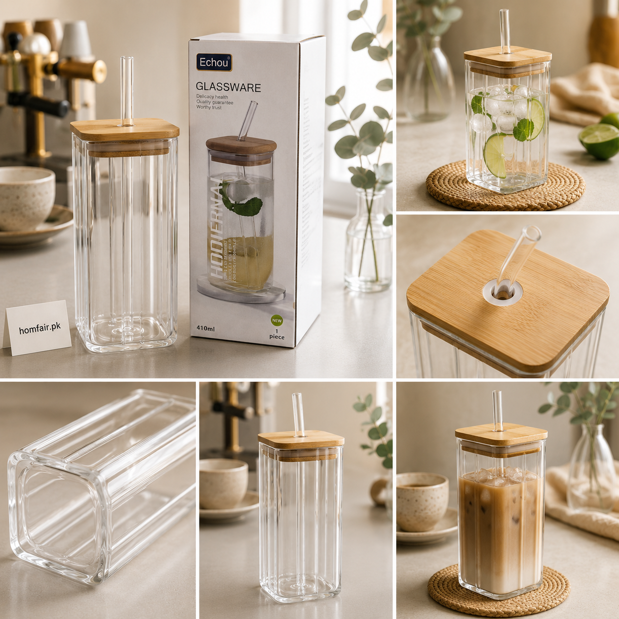 410ml Square Glass Tumbler with Bamboo Lid & Glass Straw