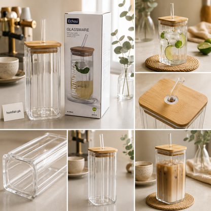 410ml Square Glass Tumbler with Bamboo Lid & Glass Straw