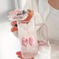 Square Glass Tumbler with Double Bows & Straw Elegant Drinkware