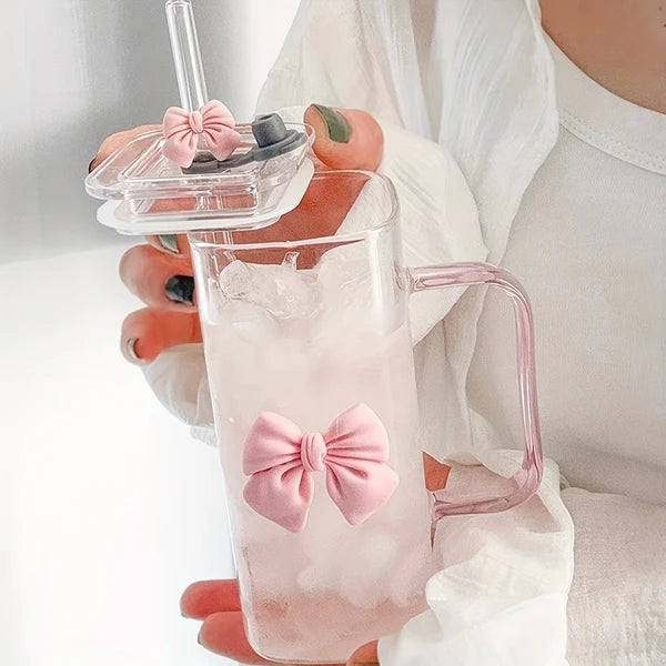 Square Glass Tumbler with Double Bows & Straw Elegant Drinkware