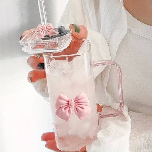 Square Glass Tumbler with Double Bows & Straw Elegant Drinkware