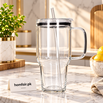 Danny Home 1L Glass Tumbler with Handle, Leak-Resistant Lid & Reusable Straw