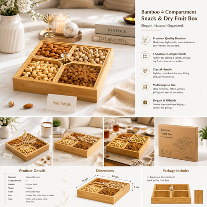 Premium Bamboo Snack & Dry Fruit Serving Tray – 4 Compartment