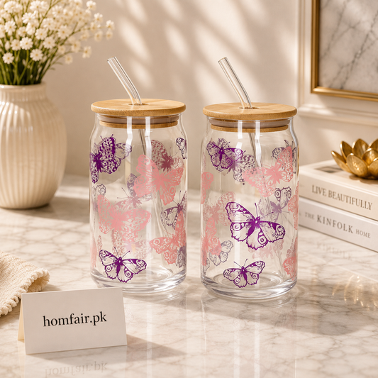 Premium Straw Glass Set of 2 – 500ml Stylish Drinking Glasses with Straws