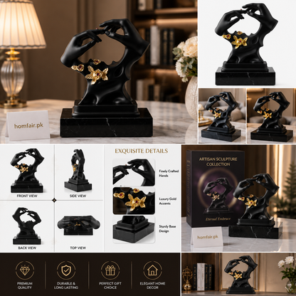 Luxury Fiber Abstract Couple Hands Sculpture – Modern Black & Gold Home Decor Statue