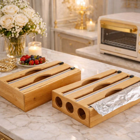 3-in-1 Wall-Mounted Bamboo Wrap Cutter and Kitchen Storage Holder