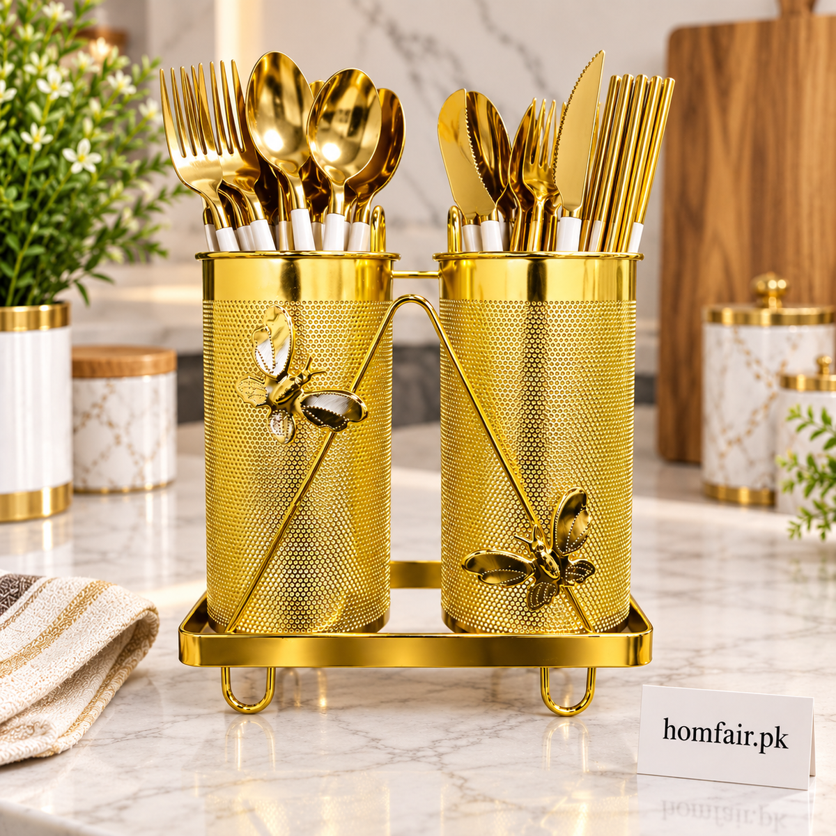 Luxury Golden Double Cutlery Holder with Decorative Butterfly Design