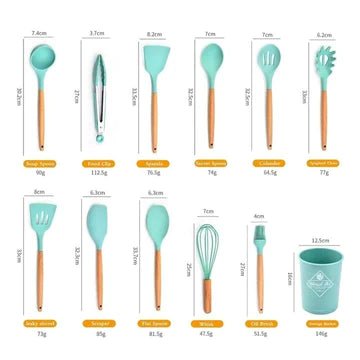 12-Piece Silicone Cooking Utensil Set with Wooden Handles for Everyday Use