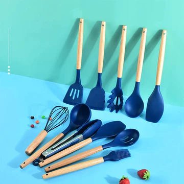12-Piece Silicone Cooking Utensil Set with Wooden Handles for Everyday Use
