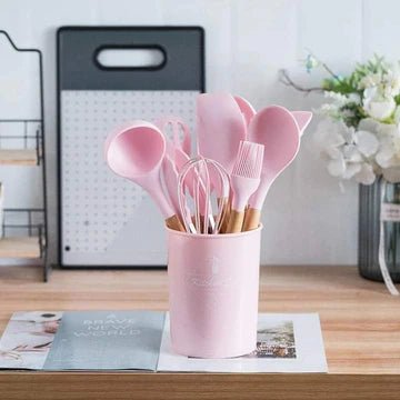 12-Piece Silicone Cooking Utensil Set with Wooden Handles for Everyday Use