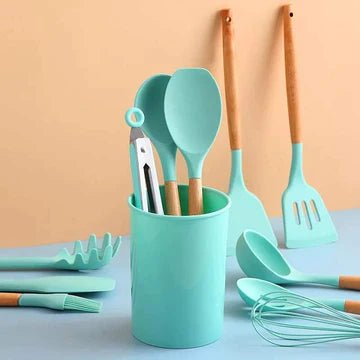 12-Piece Silicone Cooking Utensil Set with Wooden Handles for Everyday Use
