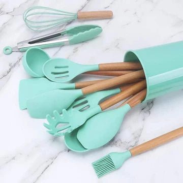 12-Piece Silicone Cooking Utensil Set with Wooden Handles for Everyday Use