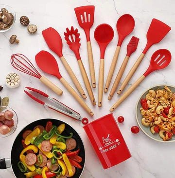 12-Piece Silicone Cooking Utensil Set with Wooden Handles for Everyday Use