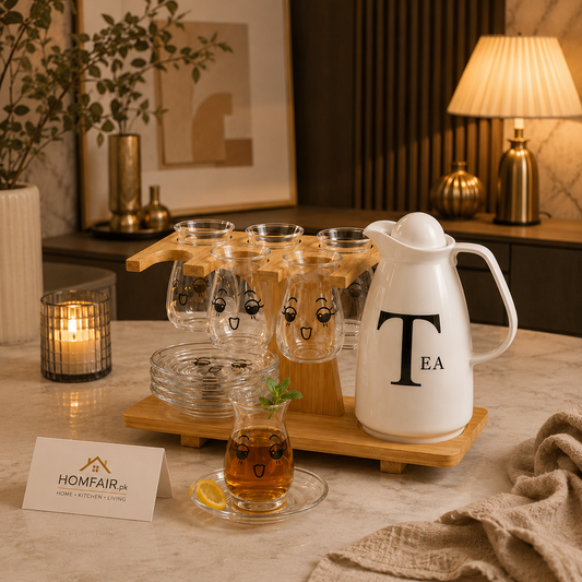 Luxury Glass Tea Serving Set with Wooden Stand & Premium Insulated Flask – Elegant 8 Piece Tea Set