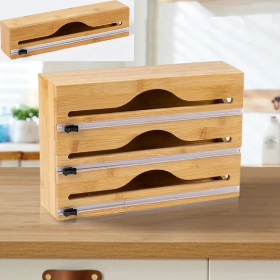 3-in-1 Wall-Mounted Bamboo Wrap Cutter and Kitchen Storage Holder
