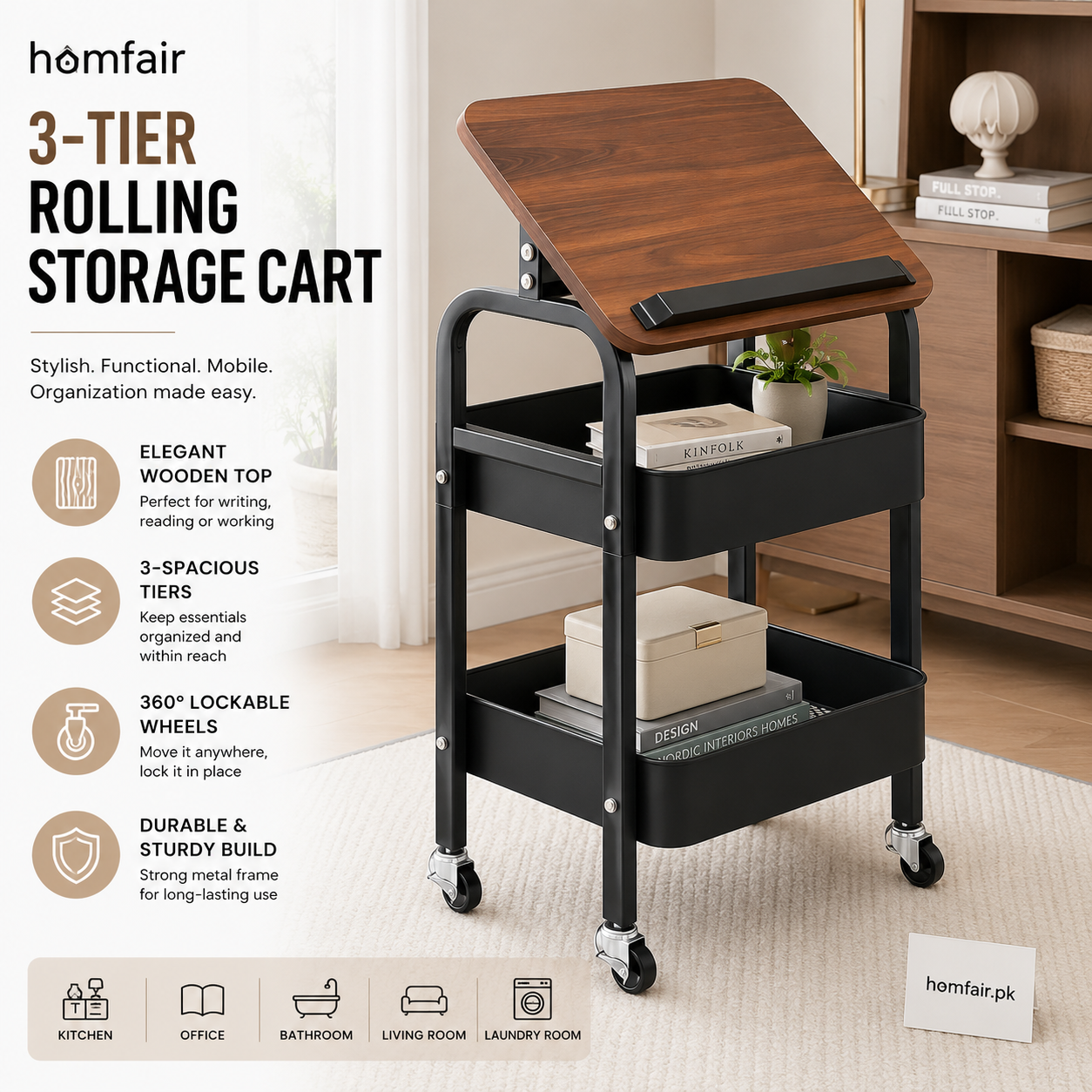 Luxury Rolling Sofa Side Table with Flip-Top Laptop Desk & 2-Tier Storage Cart on Wheels
