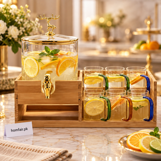 ECHOU Luxury Imported Glass Beverage Dispenser Set with 7 Mugs