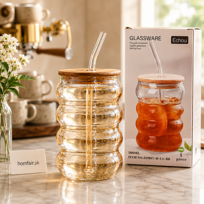 500ml Golden Ribbed Glass Tumbler with Bamboo Lid & Glass Straw