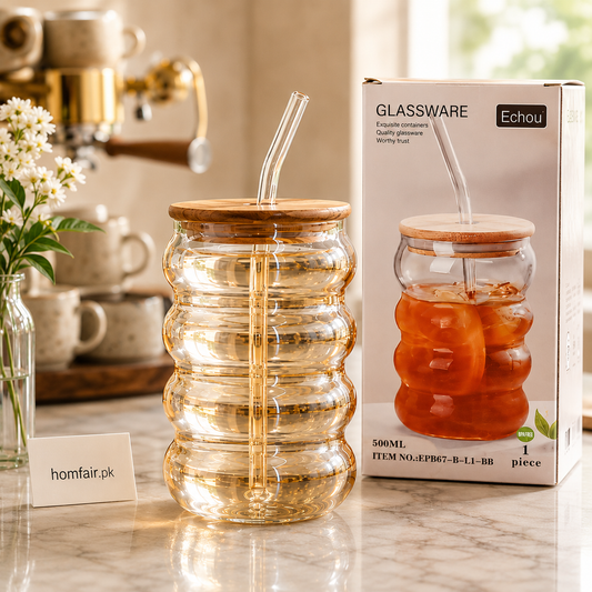 500ml Golden Ribbed Glass Tumbler with Bamboo Lid & Glass Straw