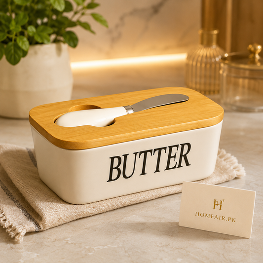 Premium Ceramic Butter Dish with Bamboo Lid & Butter Knife