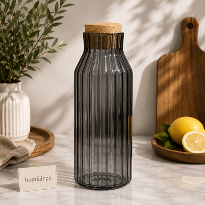 ibbed Glass Water Bottle with Natural Cork Lid