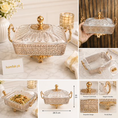 Luxury Acrylic Casserole Serving Dish with Gold Stand & Lid