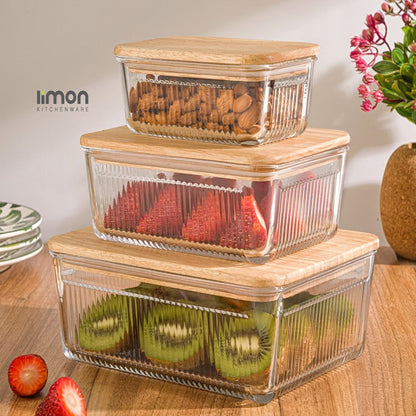 Limon Robust 3-Piece Glass Container Set with Wooden Lid