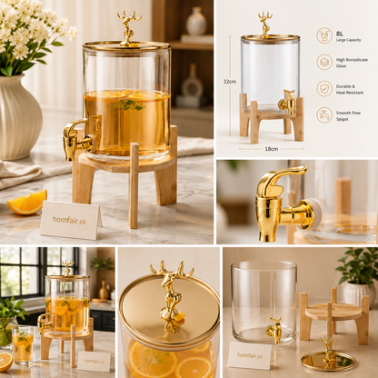 Luxury Glass Beverage Dispenser with Wooden Stand & Gold Tap | 3600ML