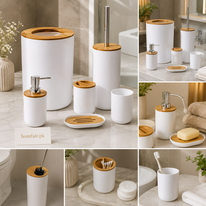 6-Piece White Bamboo Bathroom Accessories Set | Modern Bathroom Organizer Collection