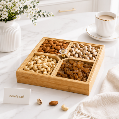 Premium Bamboo Snack & Dry Fruit Serving Tray – 4 Compartment