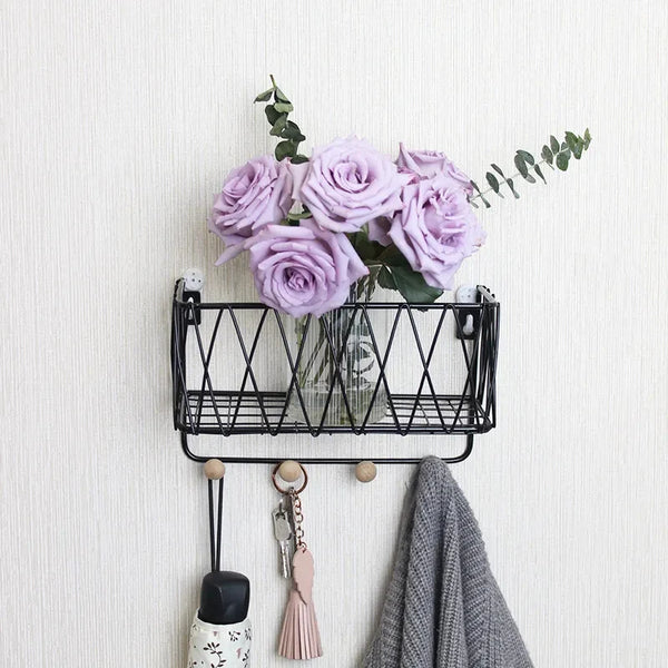 Luxury Nordic Wall Basket Shelf with Wooden Hooks | Modern Metal Storage Organizer Rack