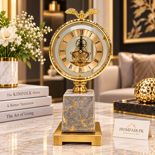 Luxury Gold Table Clock with Eagle Design & Marble-Style Base