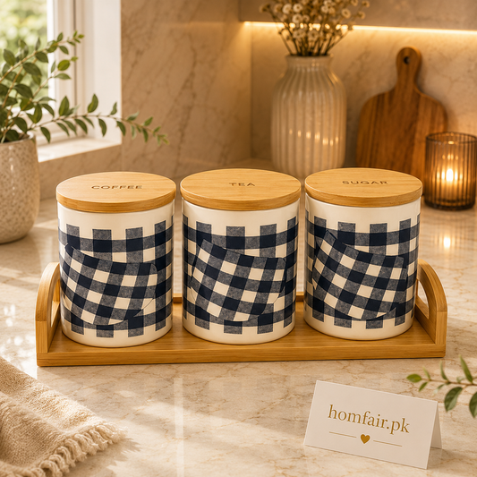 Premium Checkered Ceramic Tea, Coffee & Sugar Canister Set with Bamboo Tray