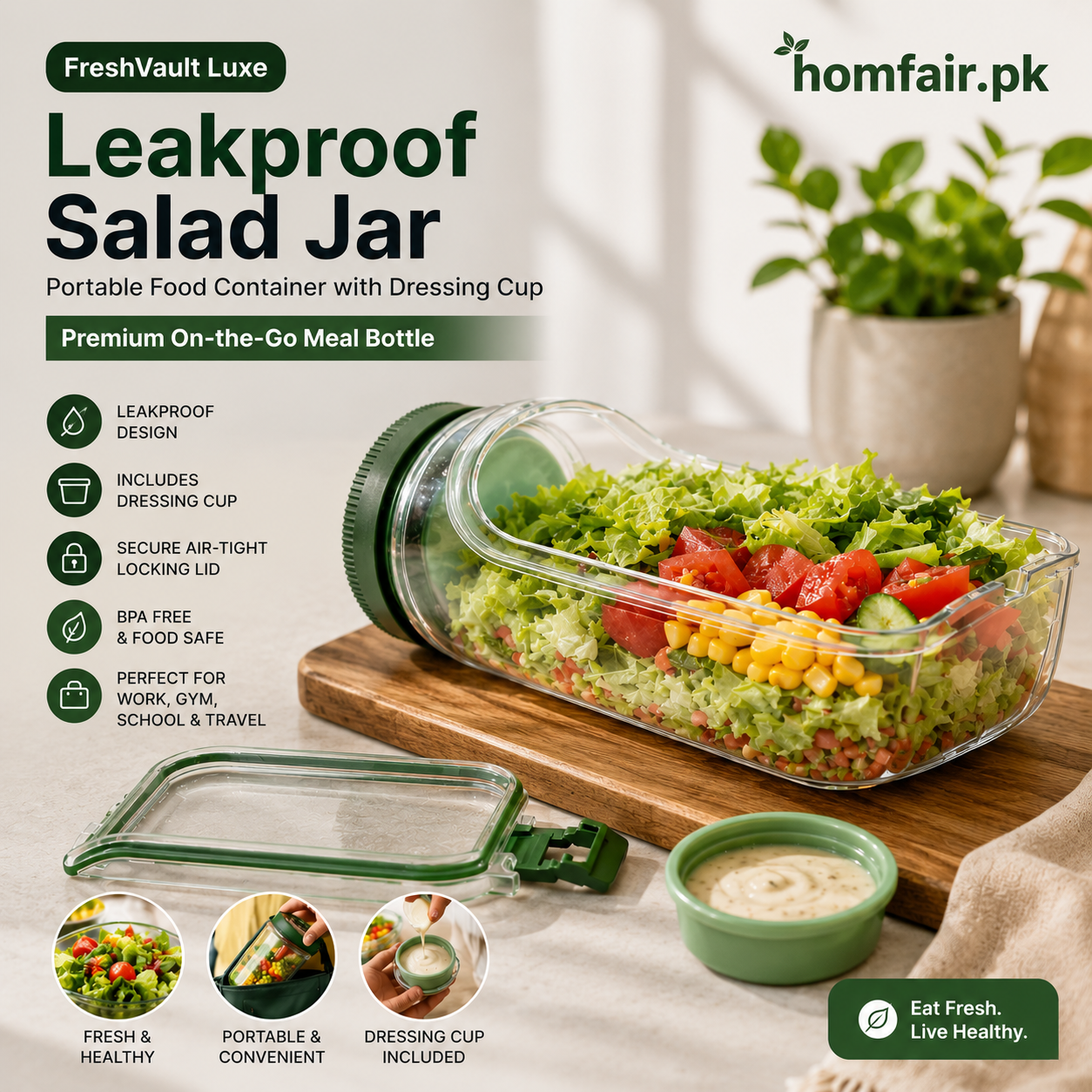 FreshVault Luxe Leakproof Salad Jar – Portable Food Container with Dressing Cup Premium On-the-Go Meal Bottle