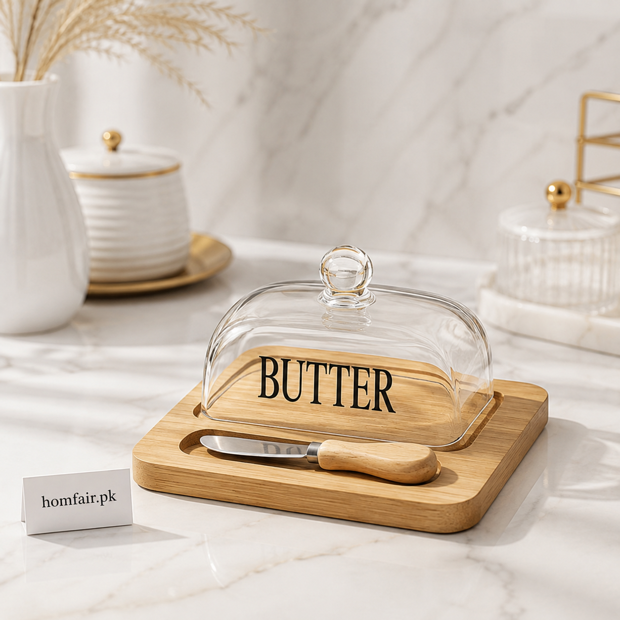 Glass Butter Dish with Bamboo Base and Wooden Knife