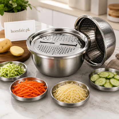 4-in-1 Stainless Steel Grater Bowl Set with Colander & Mixing Bowl
