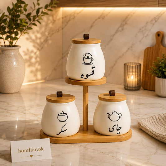 Premium Arabic Ceramic Tea, Coffee & Sugar Canister Set with Wooden Stand