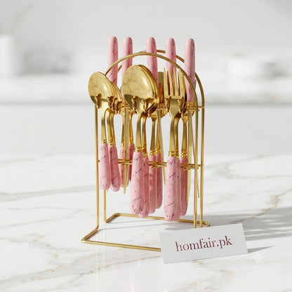 6-Person Golden Beaded Cutlery Set with Luxury Organizer Stand