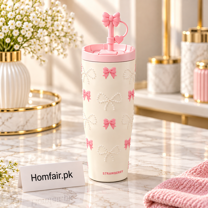 Sitarayuri Pink Bow & Pearl Design Tumbler with Decorative Straw Lid