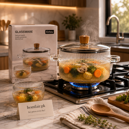 Heat Resistant Ribbed Glass Cooking Pot with Lid & Glass Bowl Set.