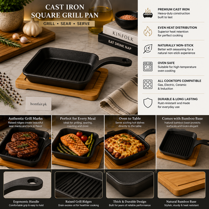 Danny Home Cast Iron Square Grill Pan with Bamboo Base - 15 × 2.5 cm