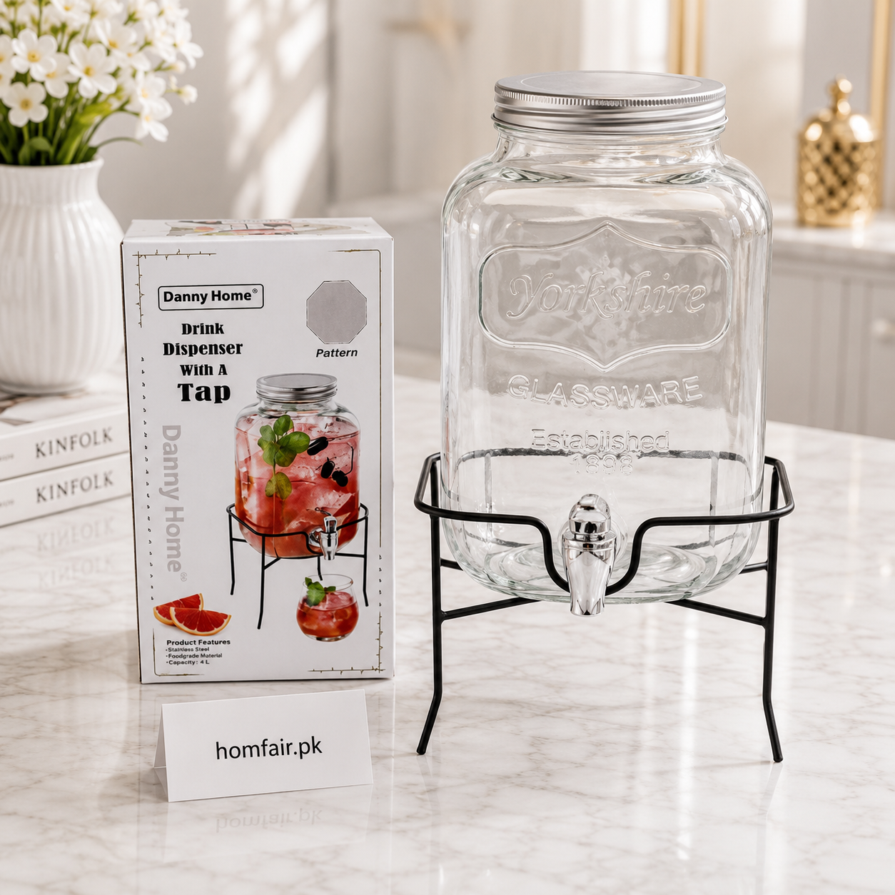 Danny Home Glass Drink Dispenser with Tap & Metal Stand – 4L Beverage Server