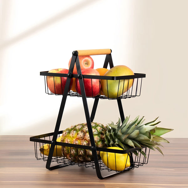 2-Tier Carry & Serve Fruit Basket with Wooden Handle Space Saving Metal Storage Rack