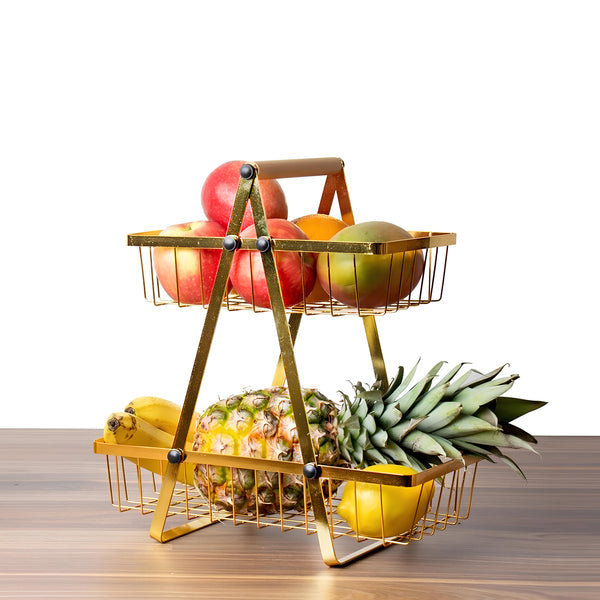 2-Tier Carry & Serve Fruit Basket with Wooden Handle Space Saving Metal Storage Rack