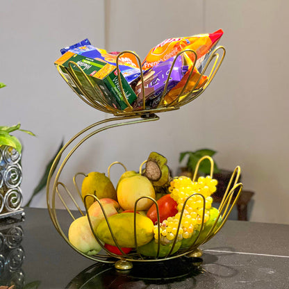 2-Tier Golden Crescent Fruit Basket Elegant Metal Storage Rack