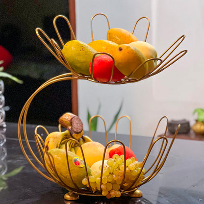2-Tier Golden Crescent Fruit Basket Elegant Metal Storage Rack