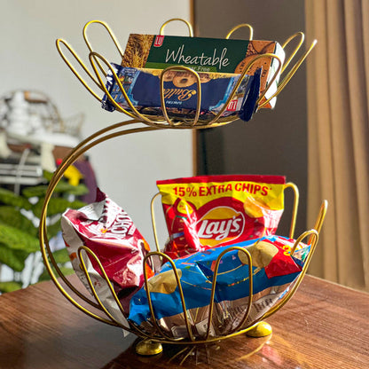 2-Tier Golden Crescent Fruit Basket Elegant Metal Storage Rack