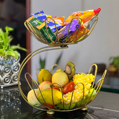 2-Tier Golden Crescent Fruit Basket Elegant Metal Storage Rack